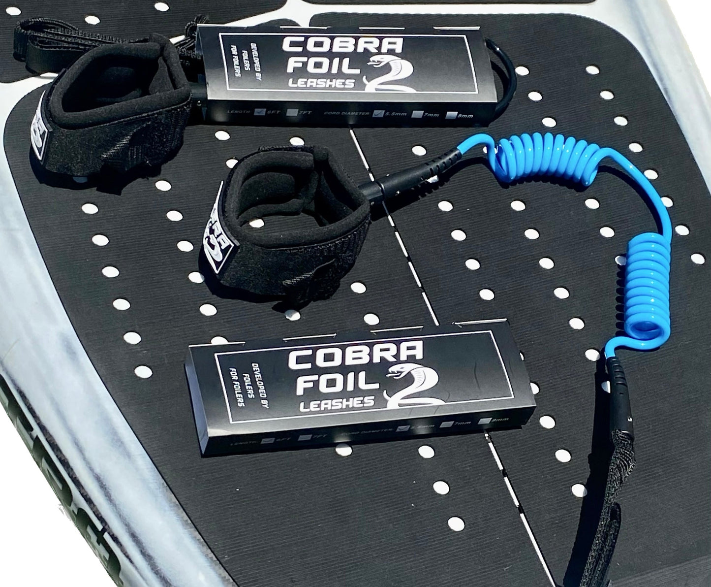 COBRA FOIL LEASH “NEW’ Double Coil 6ft 8mm for Board BLUE/BLACK.